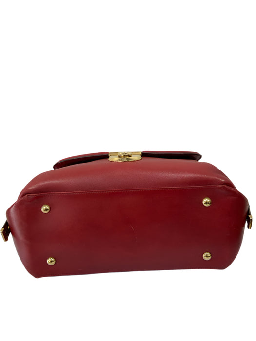 Salvatore Ferragamo Red & Gold Leather 2 Handles Gold Hammered Ring Bowler Bag