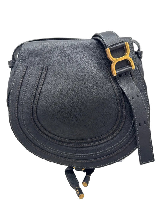 Chloe Black Grained Leather Flap Stitch Detail Gold Hardware Crossbody Strap Bag