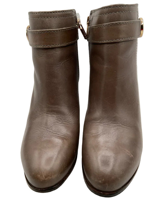 Tory Burch Shoe Size 6.5 Brown Leather Logo Side Zip Stacked Heel Booties