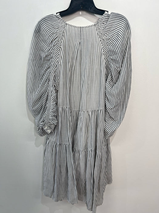 Frame Size XS White & Gray Cotton Blend Pinstripe V Neck 3/4 Puff Sleeve Dress