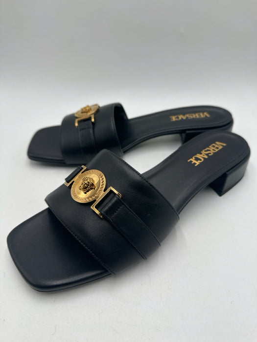 Versace Shoe Size 41 Black & Gold Leather Medusa Open Toe Flat Mules Sandals