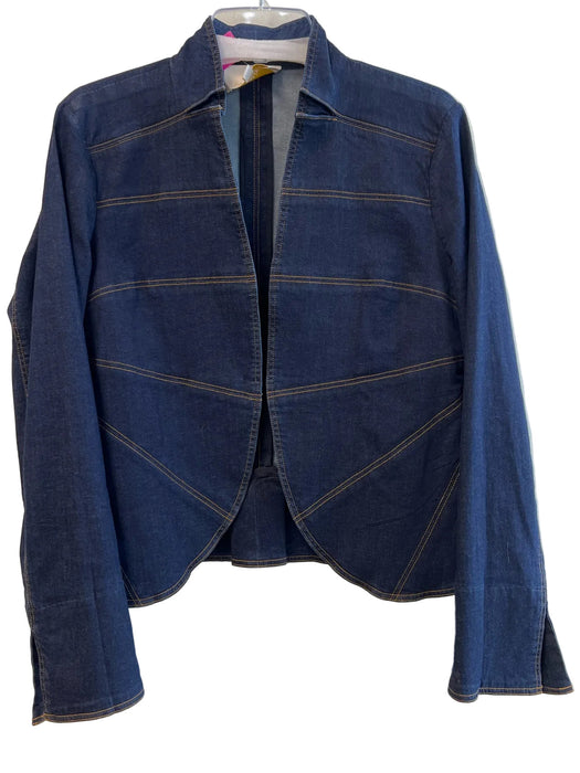 Etcetera Size 10 Navy Cotton Denim Open Front Long Sleeve Pleated Jacket
