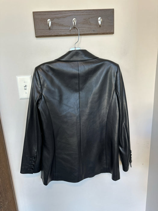Alice & Olivia Size M Black Vegan Leather One Button Long Blazer Jacket