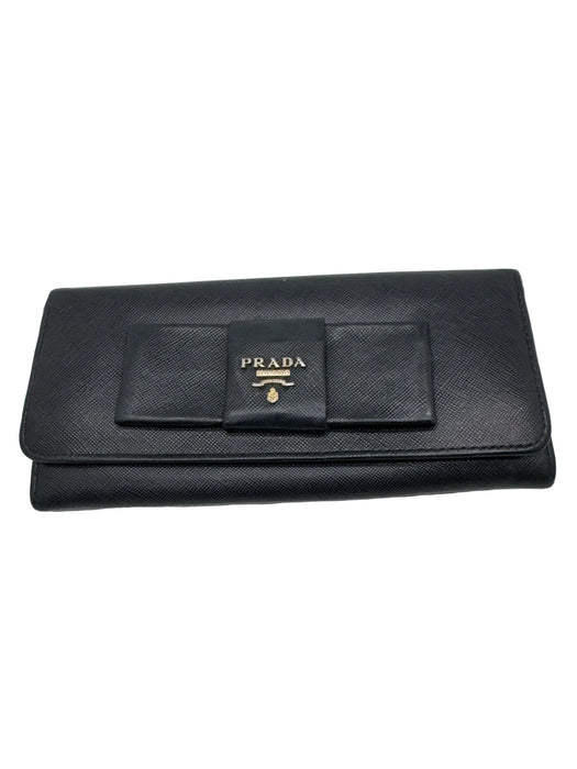Prada Black Leather Button Closure Coated Bow Detail Wallets