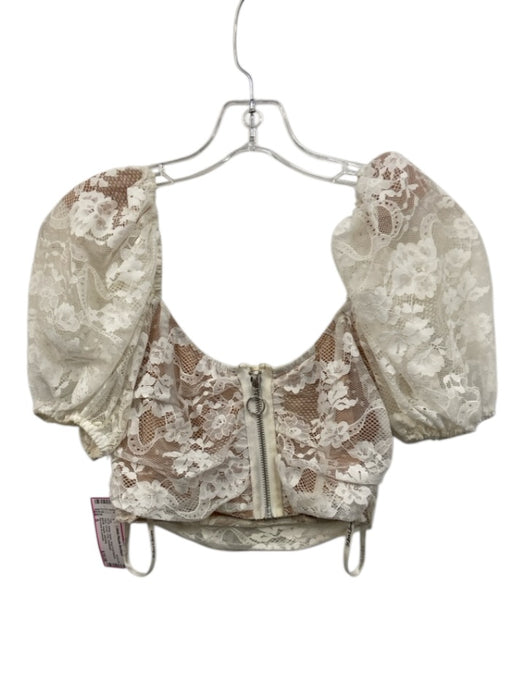 For Love & Lemons Size S White Nylon Short Puff Sleeve Lace corset Crop Top White / S