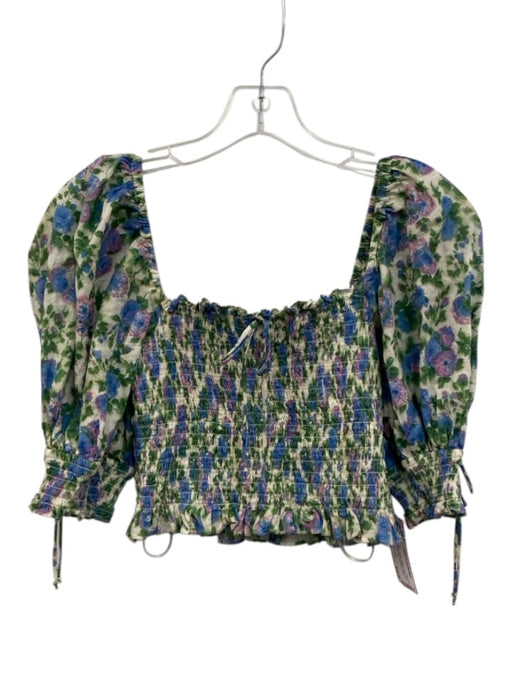 For Love & Lemons Size S Green, Blue, Purple Cotton Short Puff Sleeve Crop Top Green, Blue, Purple / S
