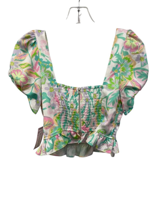 For Love & Lemons Size S green, purple, pink Polyester Short Puff Sleeve Top green, purple, pink / S