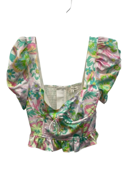 For Love & Lemons Size S green, purple, pink Polyester Short Puff Sleeve Top green, purple, pink / S