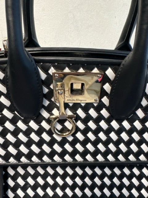 Ferragamo Black & White Leather Woven Top Handle Bag