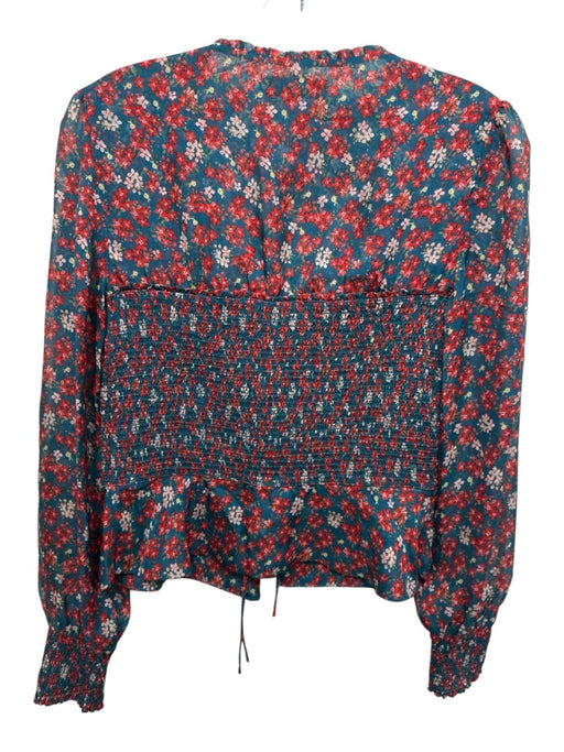 Intermix Size 0 Blue & Red Print Silk Shirred Tie Front Floral Long Sleeve Top Blue & Red Print / 0