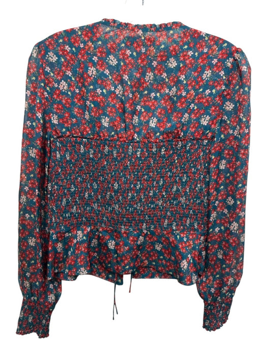 Intermix Size 0 Blue & Red Print Silk Shirred Tie Front Floral Long Sleeve Top Blue & Red Print / 0