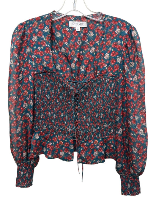 Intermix Size 0 Blue & Red Print Silk Shirred Tie Front Floral Long Sleeve Top Blue & Red Print / 0