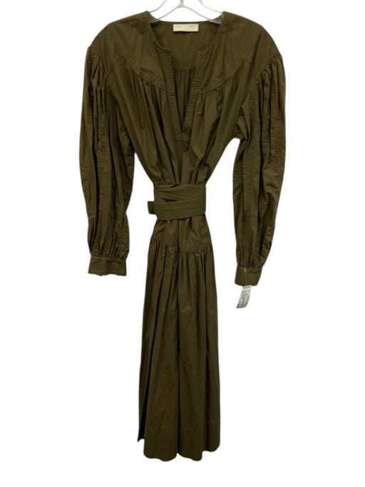 Ulla Johnson Size 2 Olive Green Cotton V Neck Gathered Waist Midi Dress Olive Green / 2