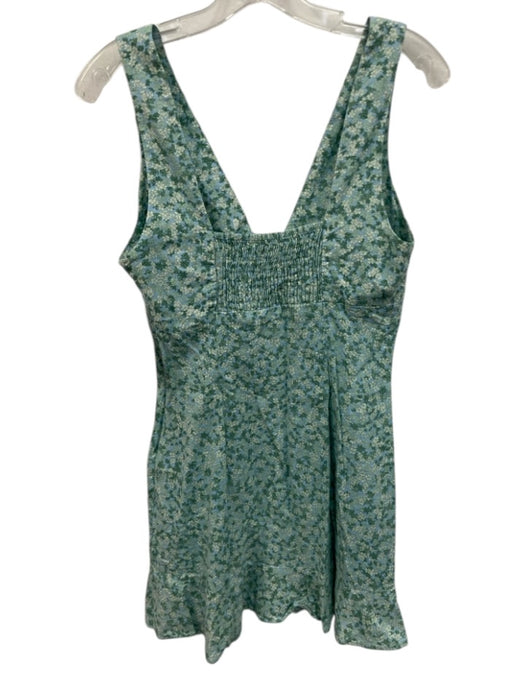 Zara Size M Blue Green Linen Blend Floral Tie V Neck Mini Dress Blue Green / M