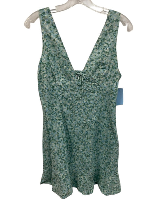 Zara Size M Blue Green Linen Blend Floral Tie V Neck Mini Dress Blue Green / M