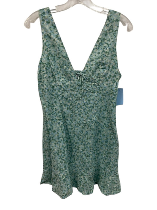 Zara Size M Blue Green Linen Blend Floral Tie V Neck Mini Dress Blue Green / M