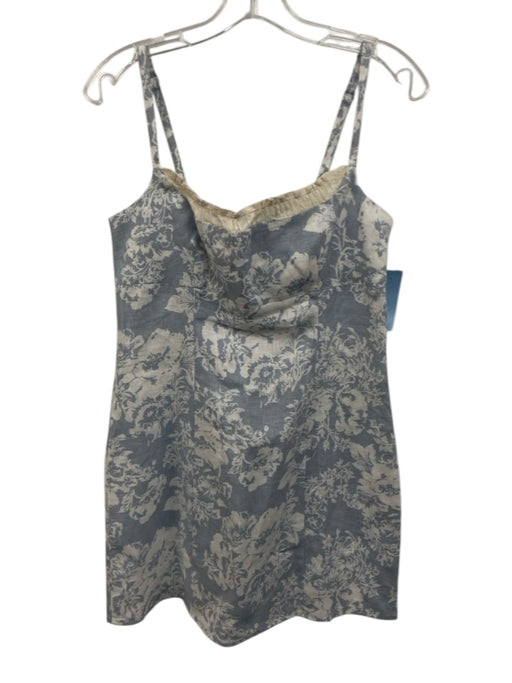 Reformation Size 6 Light blue & white Linen Blend Floral Ruffle Trim Mini Dress Light blue & white / 6