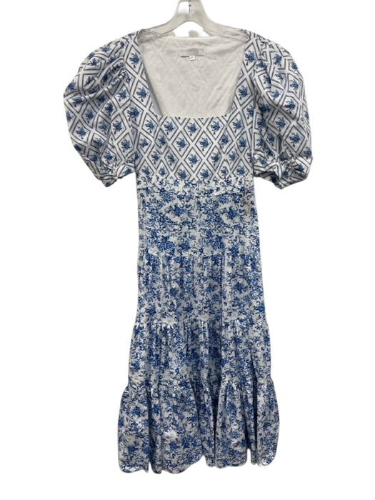 Caroline Constas Size S White & Blue Print Cotton Fabric Block Floral Midi Dress White & Blue Print / S