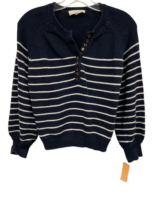 Sezane Size S Navy Blue & White Cotton Horizontal Stripes Henley Knit Sweater Navy Blue & White / S
