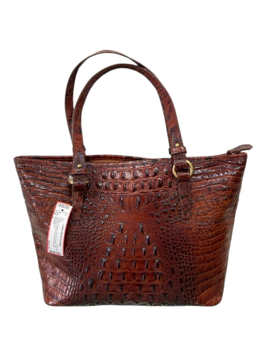 Brahmin Brown Leather Croc Embossed Top Handles GHW Zip Close Bag Brown / L