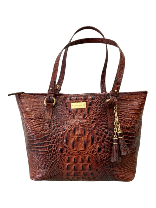 Brahmin Brown Leather Croc Embossed Top Handles GHW Zip Close Bag Brown / L