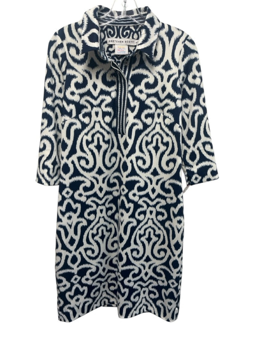 Gretchen Scott Size S Blue & White Polyester 3/4 Sleeve Ikat Collared Dress Blue & White / S