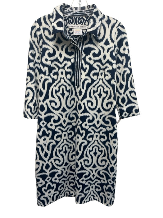 Gretchen Scott Size S Blue & White Polyester 3/4 Sleeve Ikat Collared Dress Blue & White / S