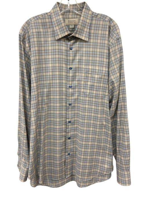 Hagen Size L/XL Tan & Blue Cotton Plaid Button Up Men's Long Sleeve Shirt Tan & Blue / L/XL