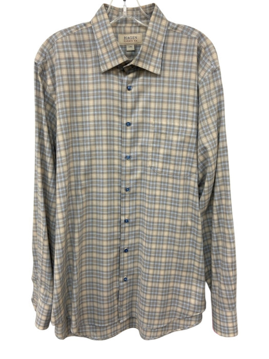 Hagen Size L/XL Tan & Blue Cotton Plaid Button Up Men's Long Sleeve Shirt Tan & Blue / L/XL