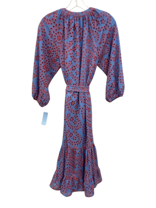 Abbey Glass Size XS Blue & Pink Cotton Tie Belt Split V neckline eyelet Dress Blue & Pink / XS