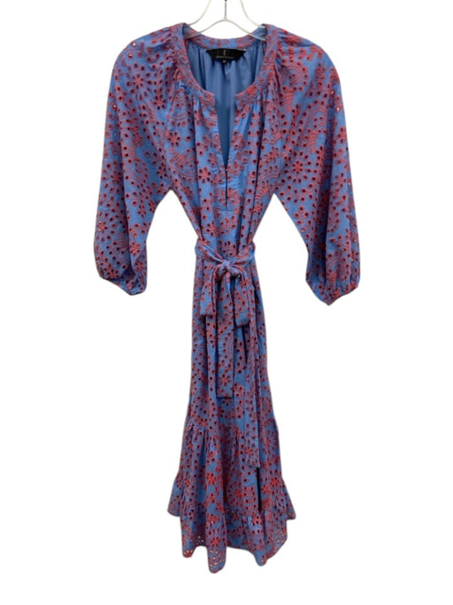 Abbey Glass Size XS Blue & Pink Cotton Tie Belt Split V neckline eyelet Dress Blue & Pink / XS