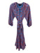 Abbey Glass Size XS Blue & Pink Cotton Tie Belt Split V neckline eyelet Dress Blue & Pink / XS
