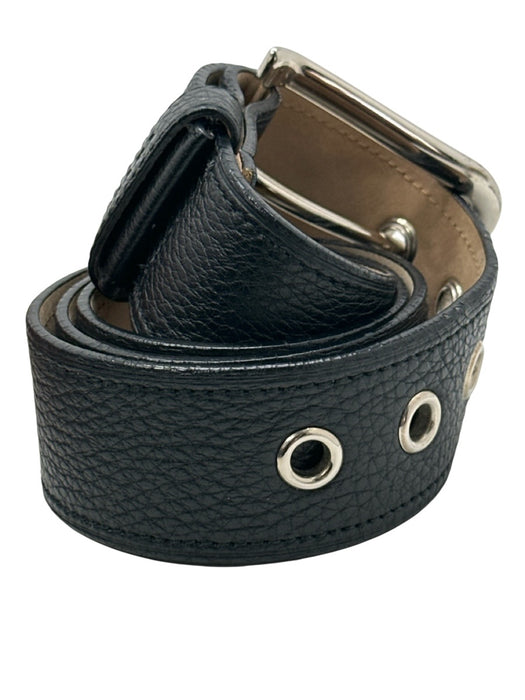 Prada Black Leather Silver Buckle Logo Grommet Belts Black / Medium