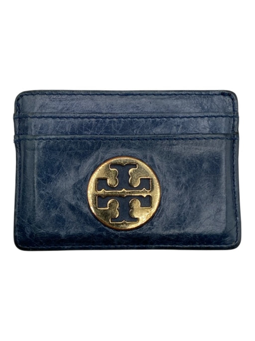 Tory Burch Navy blue & gold Leather gold tone metal Logo Card Holder Wallets Navy blue & gold