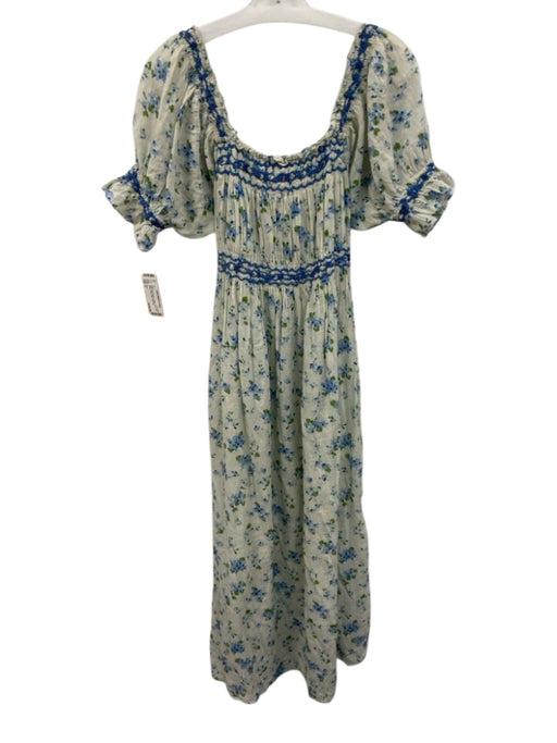 Doen Size S White, Blue & Green Cotton Floral Puff Sleeve Floral Maxi Dress White, Blue & Green / S