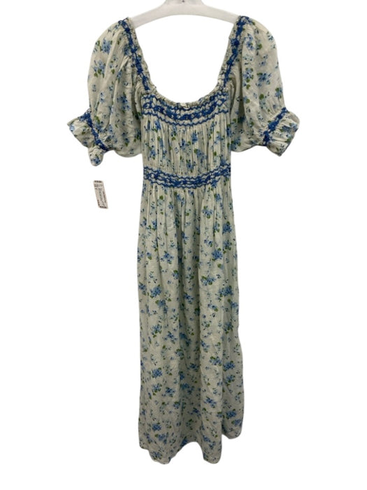 Doen Size S White, Blue & Green Cotton Floral Puff Sleeve Floral Maxi Dress White, Blue & Green / S