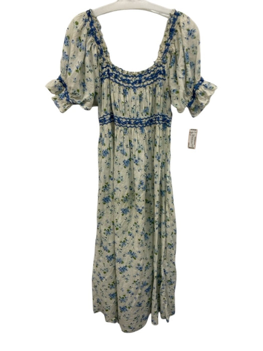 Doen Size S White, Blue & Green Cotton Floral Puff Sleeve Floral Maxi Dress White, Blue & Green / S