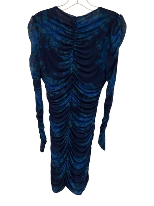 Ganni Size 2 Blue Poly Blend Ruched Long Sleeve Zip Close Floral Dress Blue / 2