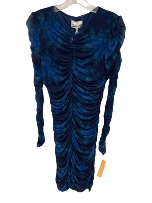 Ganni Size 2 Blue Poly Blend Ruched Long Sleeve Zip Close Floral Dress Blue / 2