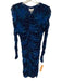 Ganni Size 2 Blue Poly Blend Ruched Long Sleeve Zip Close Floral Dress Blue / 2
