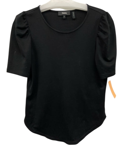 Theory Size S Black Cotton Puff Sleeves Round Neck Top Black / S