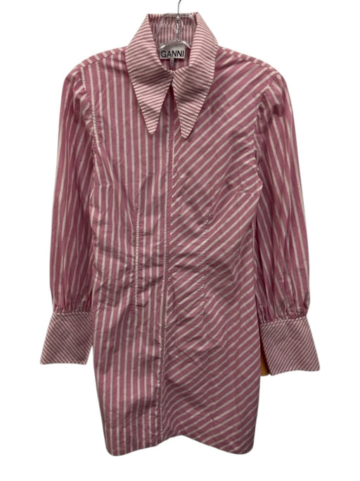 Ganni Size 36 Pink & White Cotton Striped Zip Front Long Sleeve Collared Dress Pink & White / 36