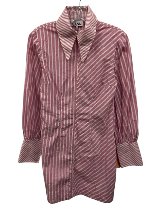 Ganni Size 36 Pink & White Cotton Striped Zip Front Long Sleeve Collared Dress Pink & White / 36