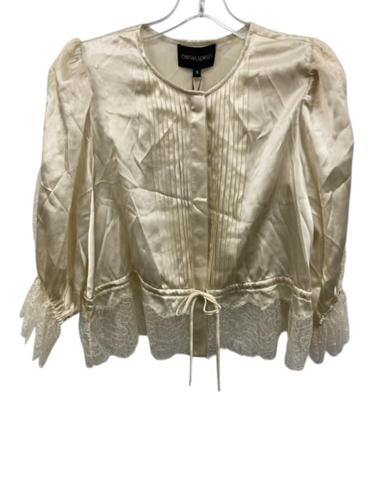 Cynthia Rowley Size S Cream Silk Button Front Peplum Puff Sleeve Lace Top Cream / S