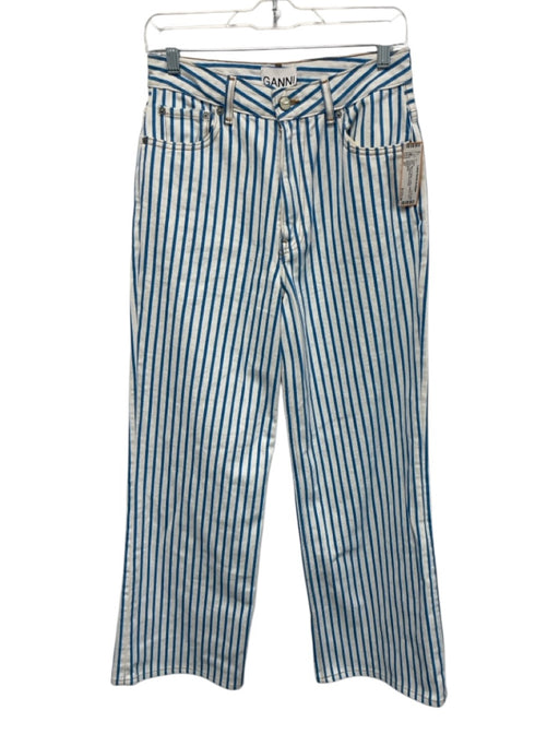 Ganni Size 27 Blue & White Cotton Striped Zip & Button Pockets Jeans Blue & White / 27
