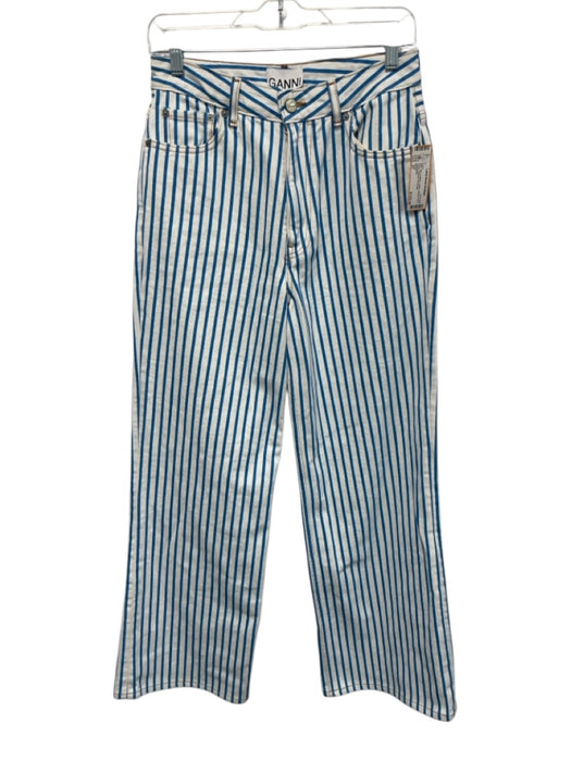 Ganni Size 27 Blue & White Cotton Striped Zip & Button Pockets Jeans Blue & White / 27