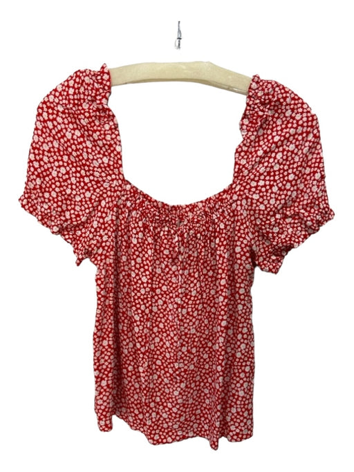 Sezane Size S/38 Red Print Viscose Square Neck Short Puff Sleeve Floral Top Red Print / S/38