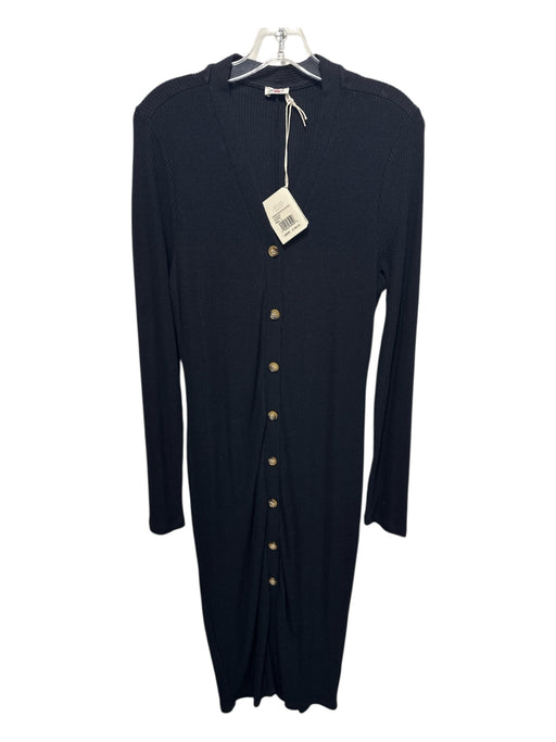 Faherty Size L Black Viscose Button Down Ribbed V Neck Long Sleeve Dress Black / L
