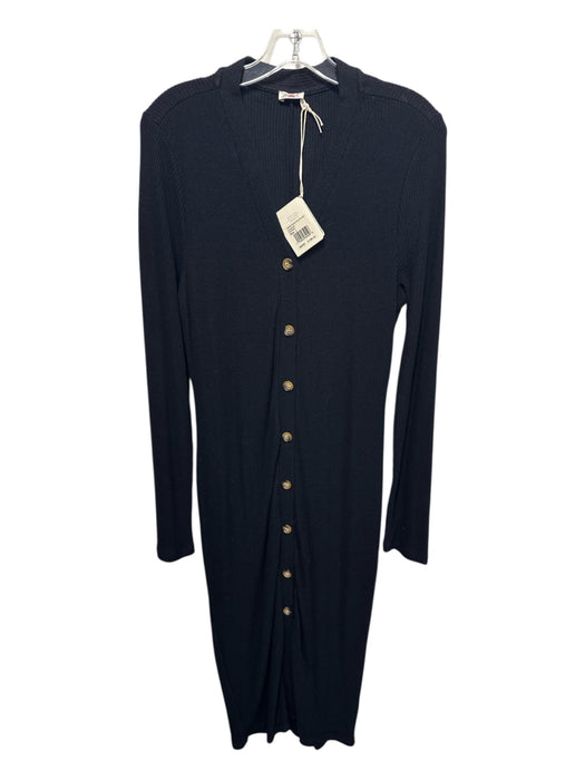 Faherty Size L Black Viscose Button Down Ribbed V Neck Long Sleeve Dress Black / L