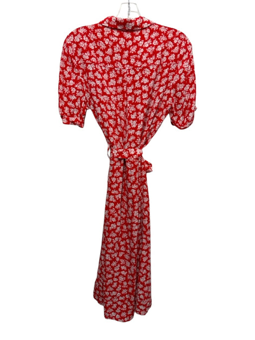 Sezane Size 40 Red & White Silk Floral Short Sleeve Button Front Dress Red & White / 40